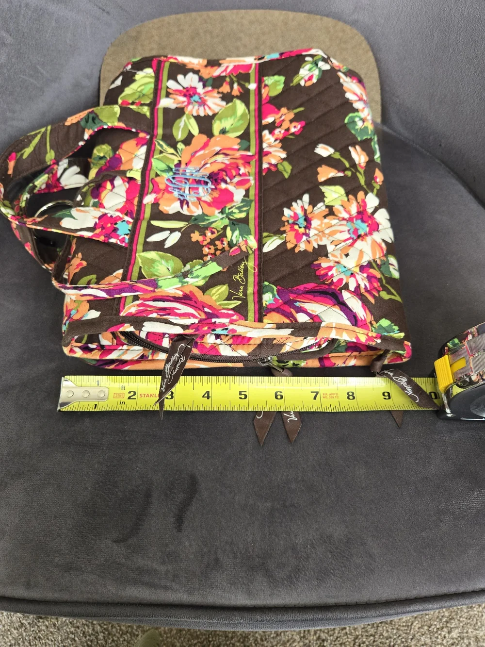 Vera Bradley Brown Quilted Floral Laptop Bag with Pink & Green Accents